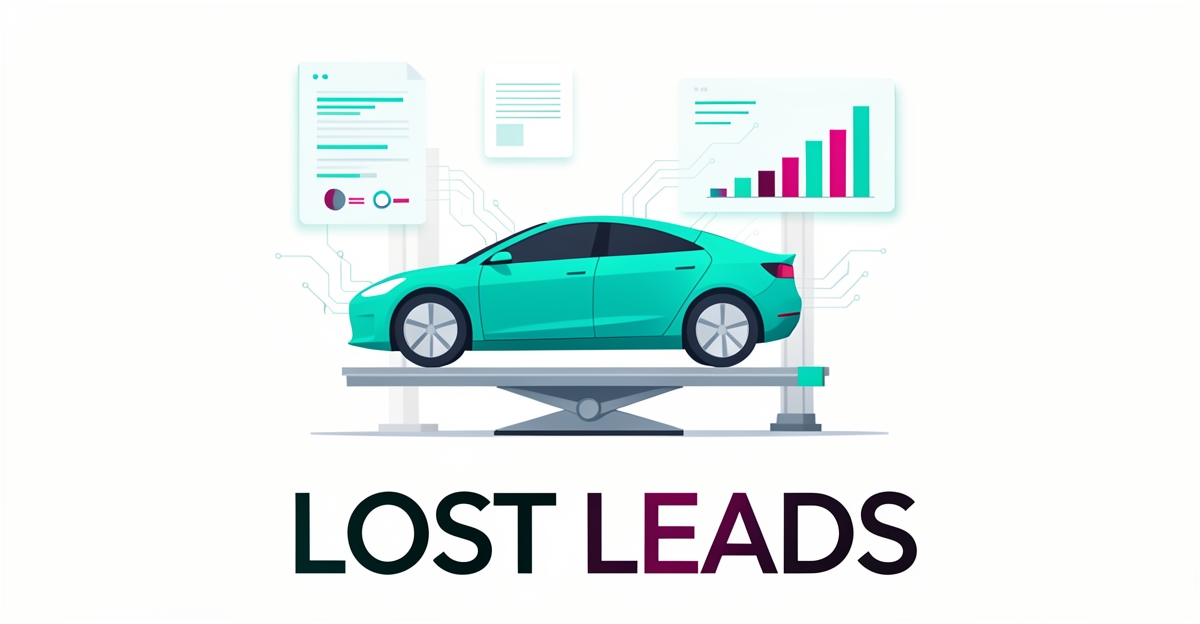 Flat illustration of an electric car on a lift surrounded by floating case study documents and growth charts in teal and magenta.