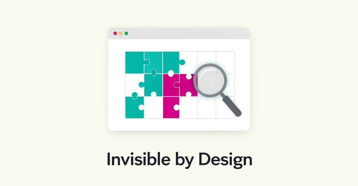 Flat illustration of a website window with missing puzzle-piece sections fading away, symbolizing invisible content, accented in teal and magenta.