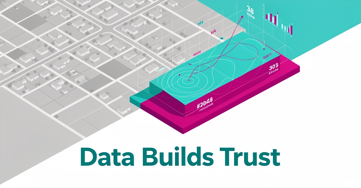 Flat illustration of a split aerial map contrasting outdated gray land parcels with vibrant teal and magenta climate data overlays.