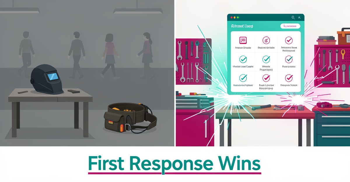 Illustration contrasting missed trade school leads with AI-powered instant response capturing welding and electrical students.