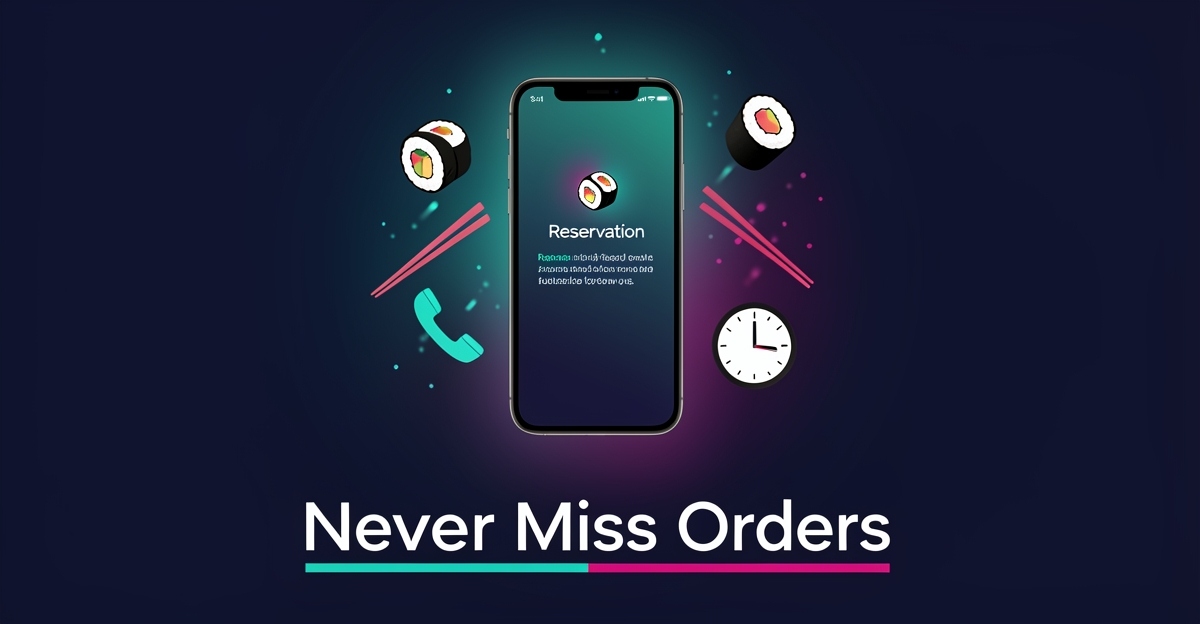 Flat illustration of a smartphone with sushi reservation notifications and 24/7 AI icons in teal and magenta, headline Never Miss Orders.