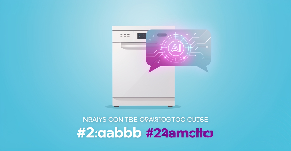 A minimalist flat illustration of a dishwasher with an AI chat bubble overlay, using brand colors to visually convey cost savings from 24/7 lead capture for repair businesses