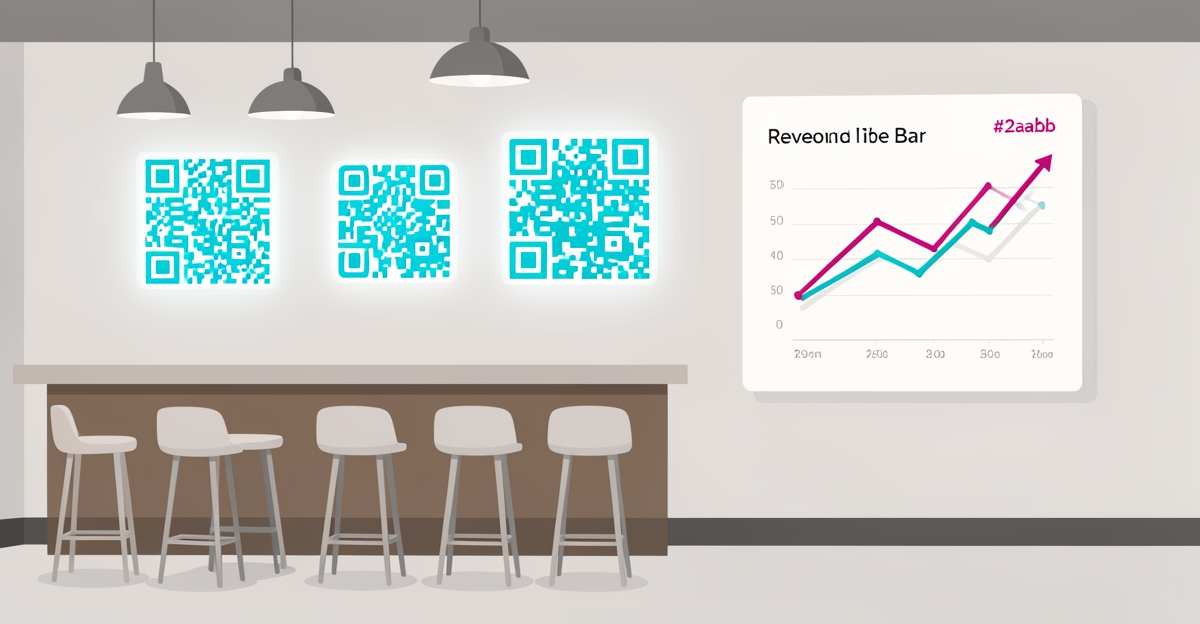 Modern flat illustration of a sports bar with glowing QR codes and rising revenue graphs, highlighting AI-powered follow-up converting leads into repeat customers with brand color accents.