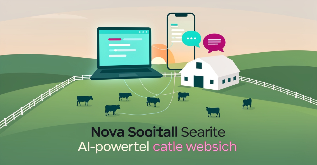 Flat illustration of a cattle ranch with AI website elements showing the cost of no AI site.