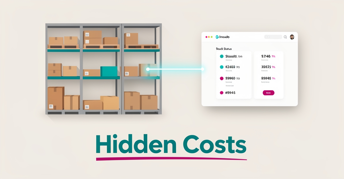 Flat illustration of warehouse shelves syncing with a website stock dashboard in teal and magenta, titled Hidden Costs.