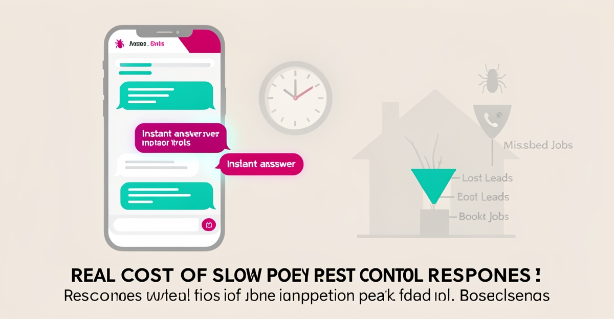 Flat illustration showing instant AI chat answering pest control inquiries versus delayed responses costing leads.