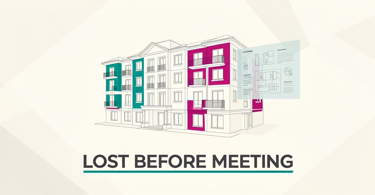 Flat illustration of a multifamily building blueprint with teal and magenta design guideline panels, headlined 'Lost Before Meeting'.