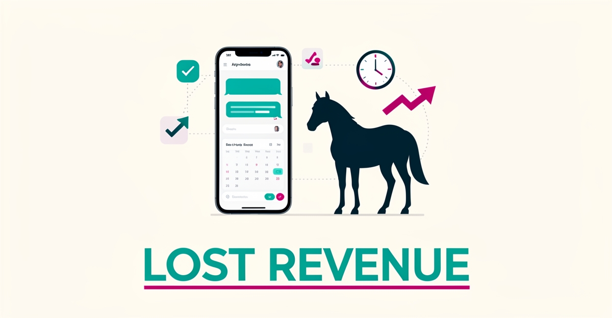 Flat illustration of a smartphone with AI scheduling tools beside a horse silhouette, highlighting lost revenue for equine practices.
