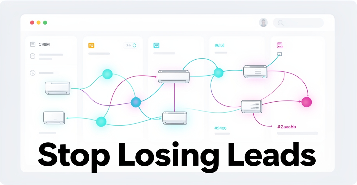 Modern flat illustration of a smart CRM system tracking mini-split leads with brand-colored accents, featuring the headline 'Stop Losing Leads' in the lower third.