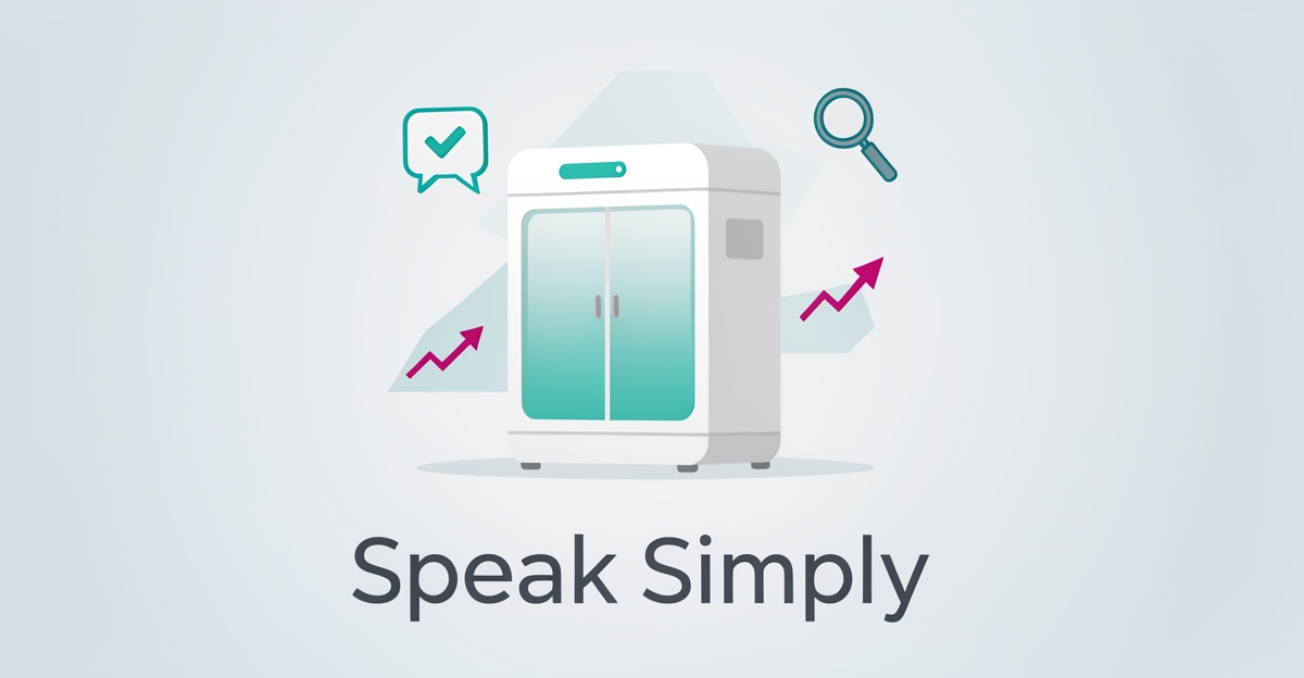 Flat illustration of a hyperbaric oxygen therapy chamber with clarity icons and the headline Speak Simply, symbolizing simple HBOT website content.