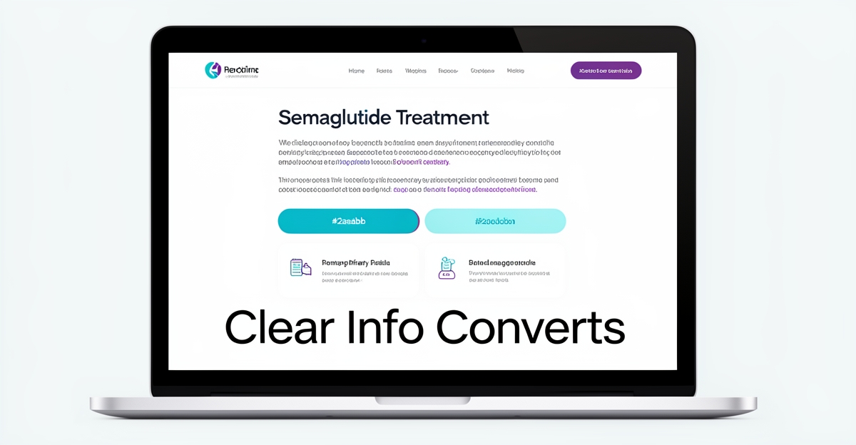 A minimalist flat illustration of a healthcare website explaining Semaglutide treatment clearly, with brand-colored accents and a headline overlay in the lower third.