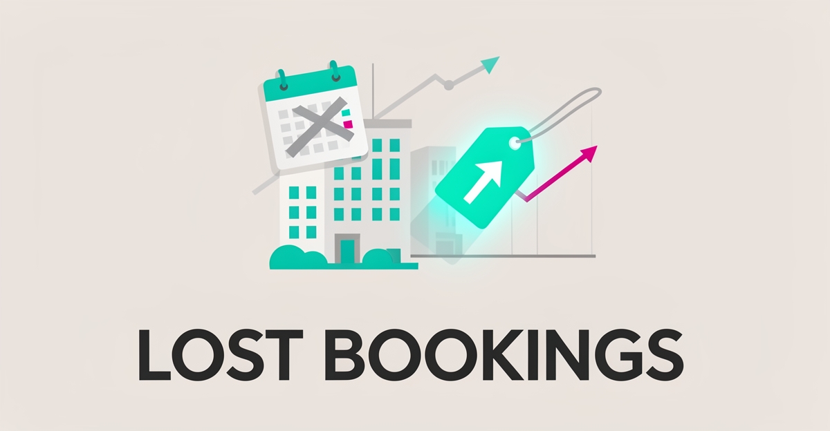 Flat illustration of an extended stay hotel with seasonal rate tags and a declining booking chart, accented in teal and magenta.