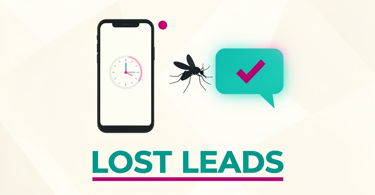 Flat illustration of a missed call notification and mosquito silhouette beside an instant AI chat response, headline reading Lost Leads.