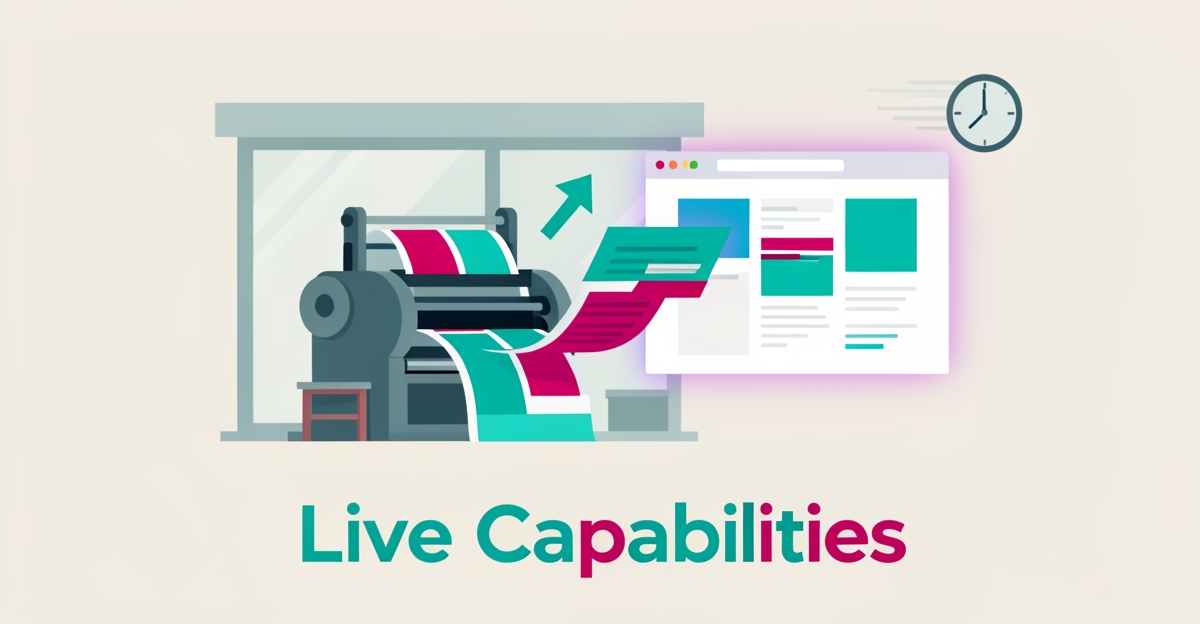 Flat illustration of a print shop's work flowing into a live website display, accented in teal and magenta with the headline Live Capabilities.