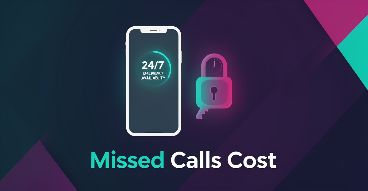 Flat illustration of a smartphone showing a glowing 24/7 emergency locksmith availability status with padlock and clock icons in teal and magenta.