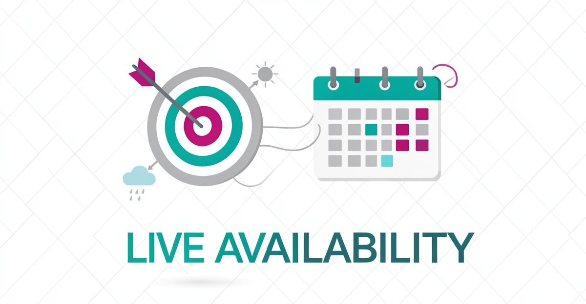 Flat illustration of an archery target with calendar and weather icons connected by data lines, symbolizing real-time range availability.