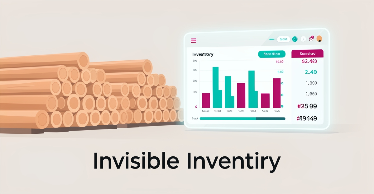 Flat illustration of stacked sawmill timber beside a glowing digital inventory dashboard in teal and magenta brand colors.