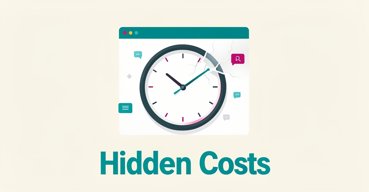 Flat illustration of a clock inside a fading browser window representing lost customers from unclear repair times, accented in teal and magenta.
