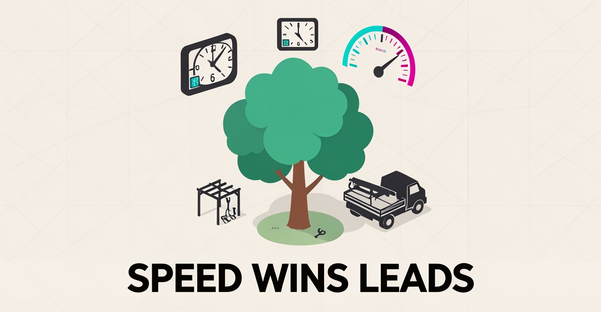 Flat illustration of a trimmed tree with timer and conversion gauge showing fast turnaround for tree service leads.