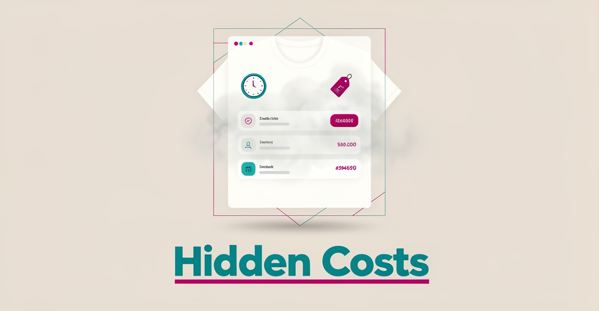 Flat illustration of a t-shirt product page with price and delivery details hidden in fog, highlighting opaque pricing and timelines.