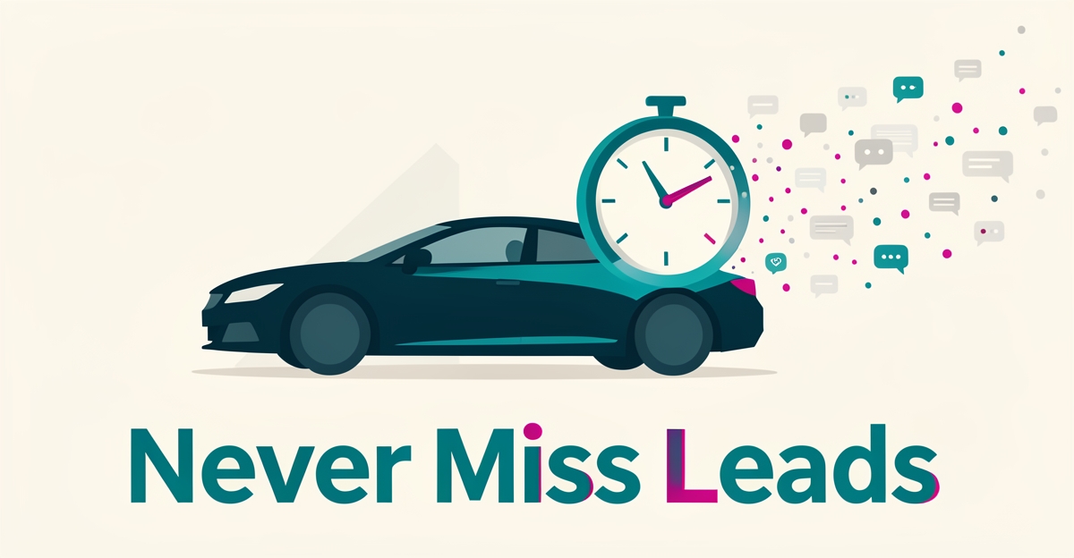 Flat illustration of a car in a service bay with a ticking clock and dissolving lead notifications, headline reading Never Miss Leads.