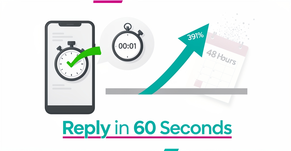 Flat illustration showing instant AI lead response for wedding caterers with speed metrics and conversion growth.