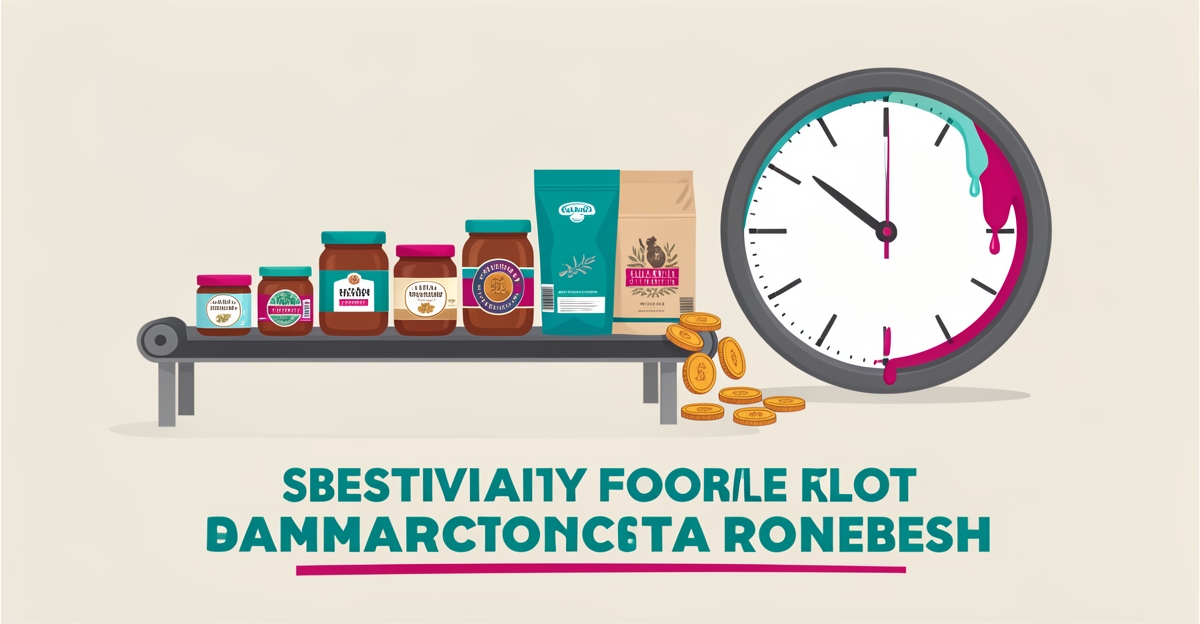 Flat illustration of gourmet food products on a conveyor beside a melting clock and slipping coins, symbolizing revenue lost to slow lead follow-up.