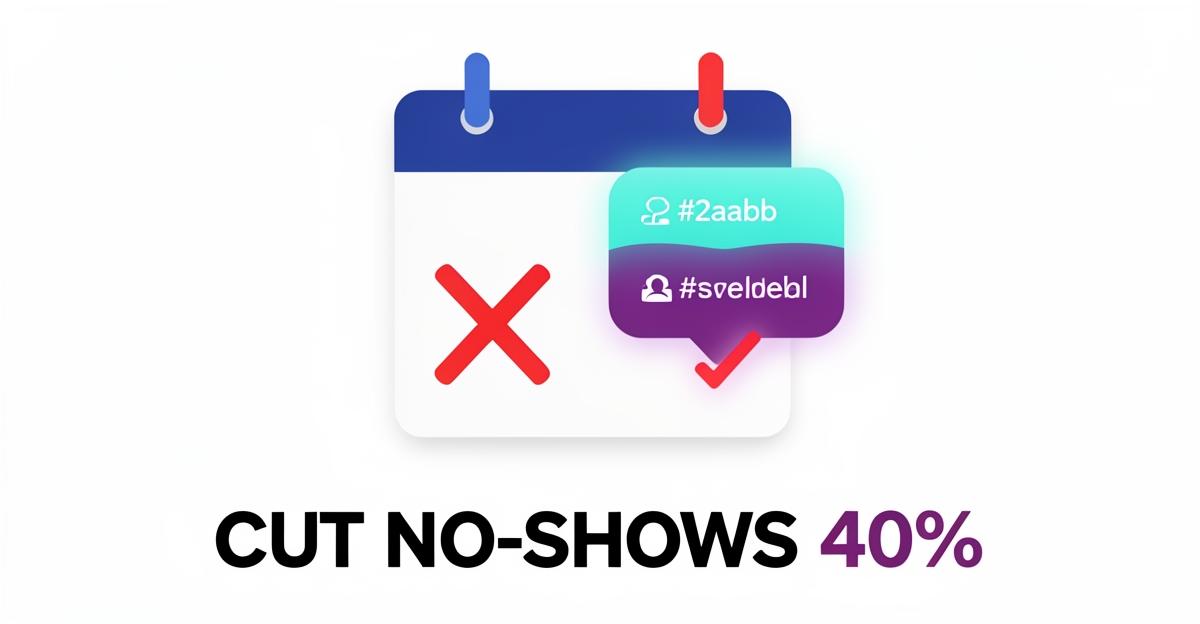 Flat illustration of a calendar with AI reminder reducing missed appointments, using brand colors teal and magenta as accents, symbolizing 40% reduction in no-shows via AI follow-up.