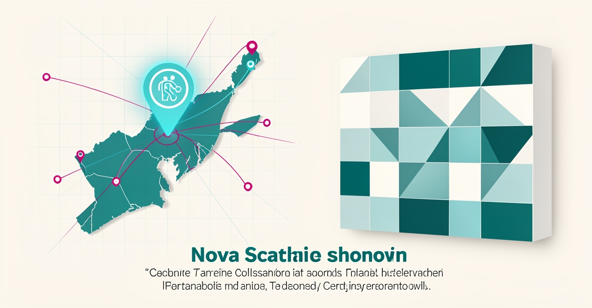Flat illustration of a Nova Scotia map with glowing service pins beside a modern tile showroom, accented in teal and magenta.