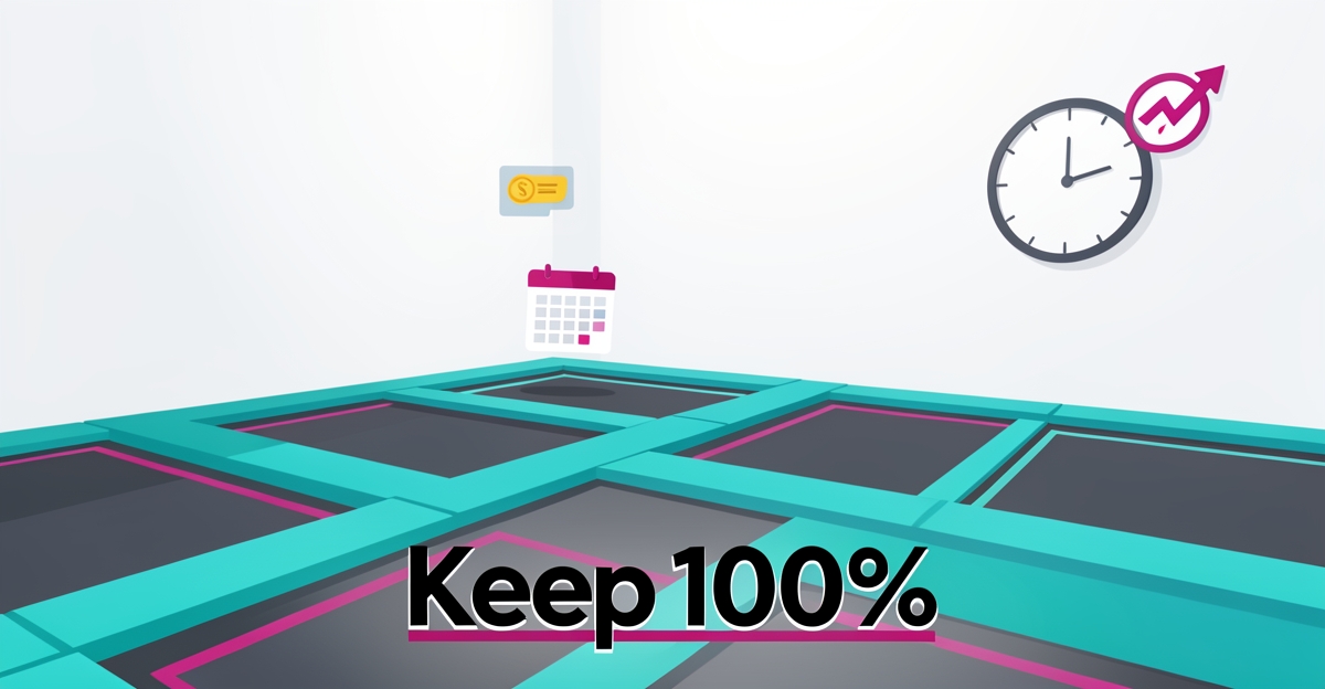 Flat illustration of a trampoline park with booking and revenue icons, headline reading Keep 100% about in-house booking savings.
