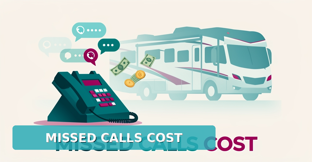 Flat illustration of an unanswered ringing phone at an RV repair shop with money drifting away, symbolizing lost revenue from missed calls.