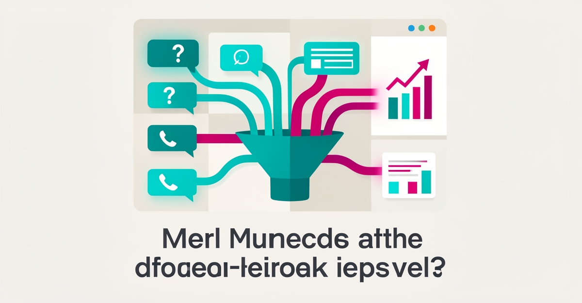 Flat illustration of client questions from chat, phone, and forms flowing through a website funnel into AI-generated insight charts, accented in teal and magenta.
