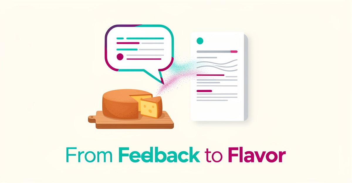 Flat illustration of a cheese wheel beside a speech bubble transforming into digital text, symbolizing AI turning customer feedback into product descriptions.
