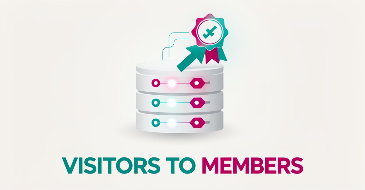 Flat illustration of an organized database with tagged rows transforming into a membership badge, accented in teal and magenta.
