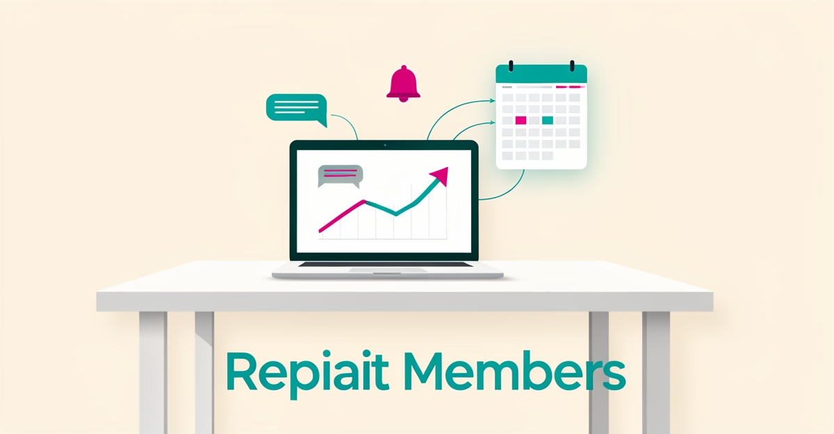 Flat illustration of a laptop with AI chat bubbles, a calendar, and a rising retention curve in teal and magenta, headline reading Repeat Members.