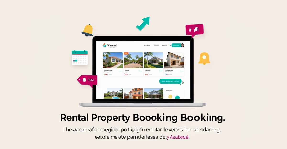 Flat illustration of an AI-powered rental website with chat and booking elements, headline reading Inquiries to Bookings.