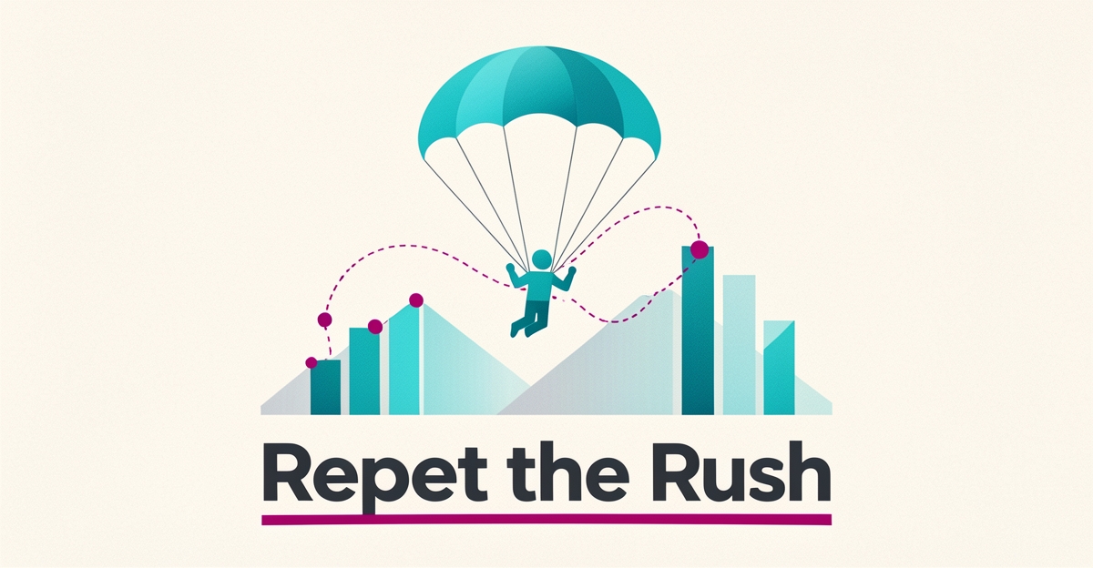 Flat illustration of a tandem parachute descending over chart-like hills with a dotted loyalty loop, symbolizing AI-powered CRM turning skydivers into repeat customers.