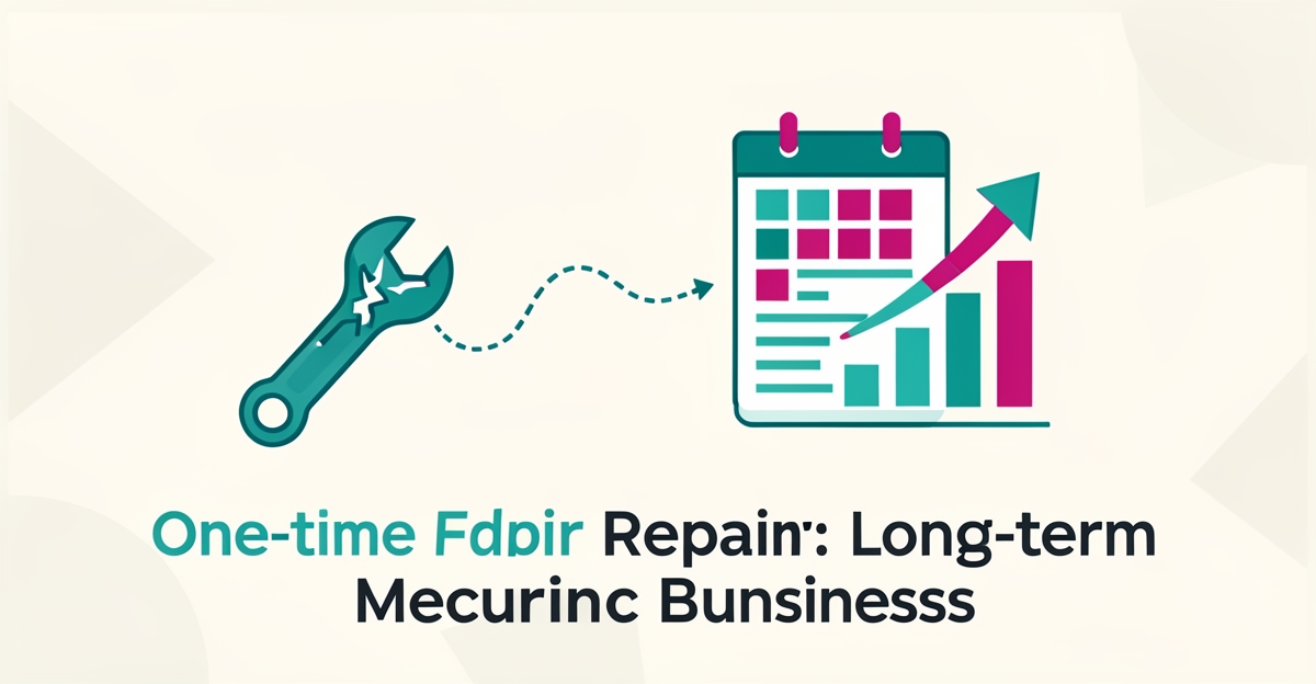 Flat illustration of a repair wrench transforming into recurring contracts and a rising revenue chart in teal and magenta brand colors.