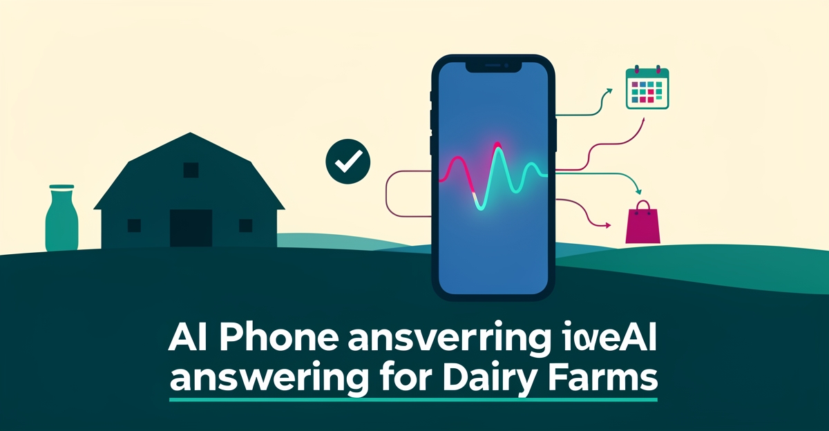 Flat illustration of a smartphone with a glowing call waveform connecting a dairy barn to order icons, symbolizing AI turning missed farm calls into sales.