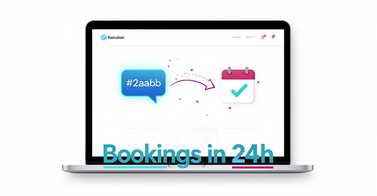Flat illustration of laptop with AI chatbot converting visitor to booked appointment via calendar, brand colors teal and magenta.