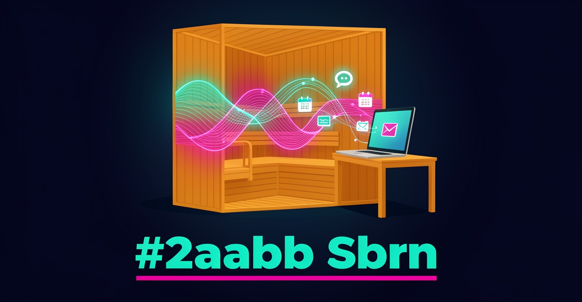 Flat illustration of an infrared sauna glowing with teal and magenta AI connection lines flowing to a laptop, headline reading Never Miss a Lead.