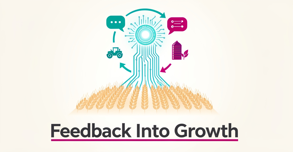 Flat illustration of agricultural feedback icons flowing through AI data loops into a glowing analytics hub, accented in teal and magenta.