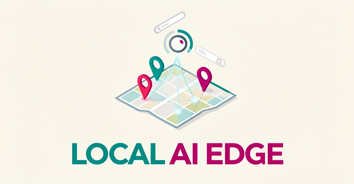 Flat illustration of a local map with glowing location pins and network lines in teal and magenta, symbolizing AI-driven local SEO visibility.