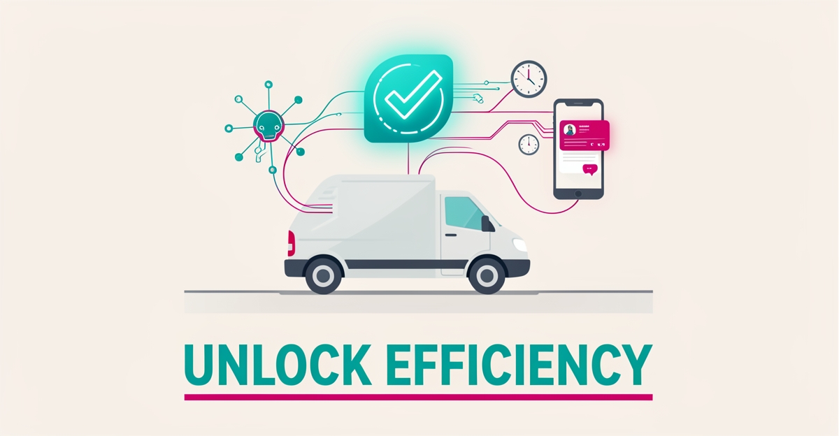 Flat illustration of a delivery van with an AI-powered digital checkmark confirmation, symbolizing automated delivery confirmations and efficiency gains.