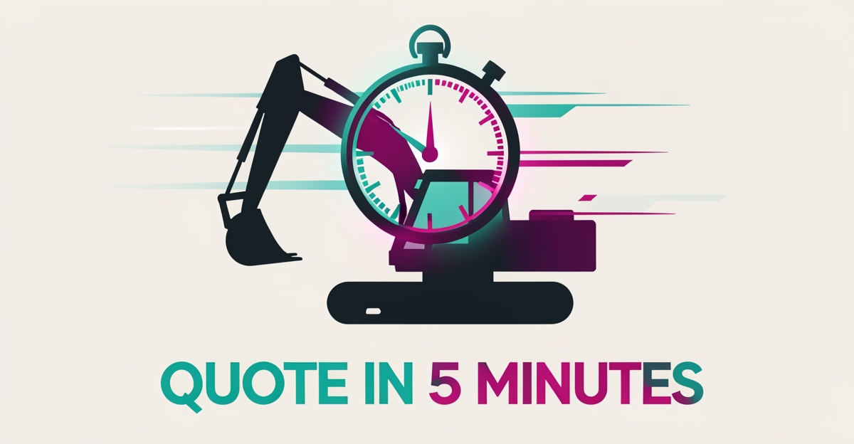Flat illustration of an excavator with a glowing stopwatch symbolizing five-minute instant quoting for heavy equipment repair leads.