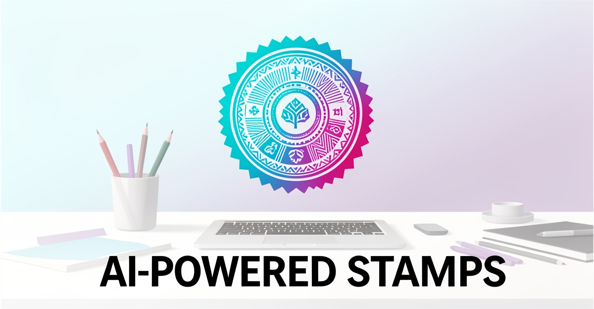 A modern flat illustration of an AI-designed custom stamp with cultural motifs, floating above a minimalist desk setup, using brand colors as accents, symbolizing automated localized design for stamp makers.