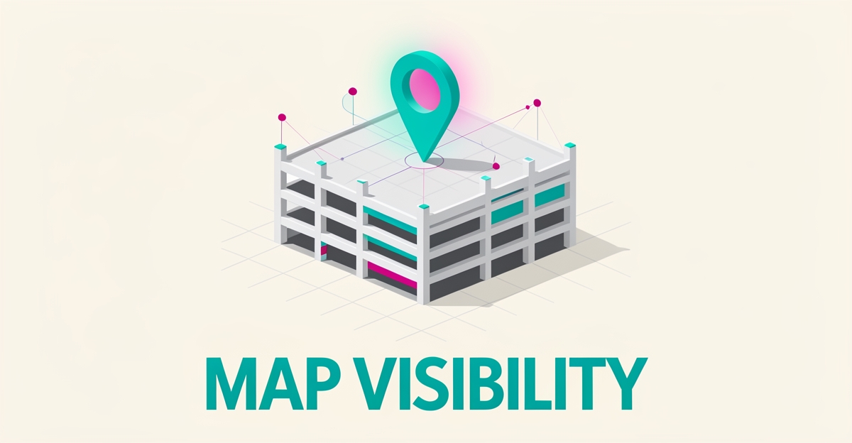 Flat illustration of a parking garage with a glowing map pin and grid lines, headline reading Map Visibility.
