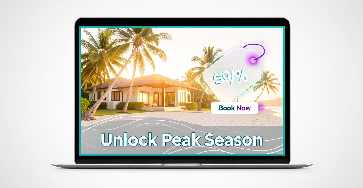 A minimalist flat illustration of a laptop screen showing a boutique hotel seasonal offer with AI-driven dynamic updates, featuring brand color accents and the headline 'Unlock Peak Season' in the lower third.