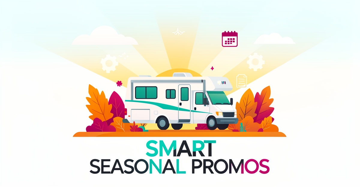 Flat illustration of an RV at a campsite with AI and calendar icons in teal and magenta, promoting AI-driven seasonal RV park promotions.