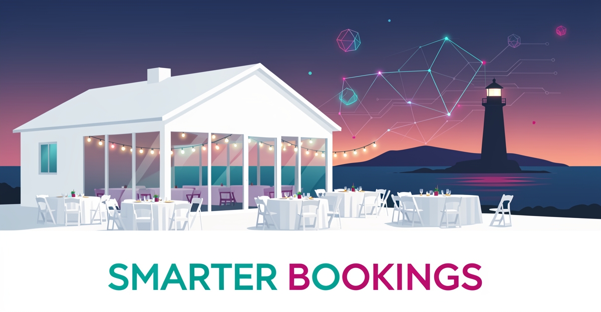 Flat illustration of a Nova Scotia coastal event venue with glowing AI network accents and the headline Smarter Bookings.